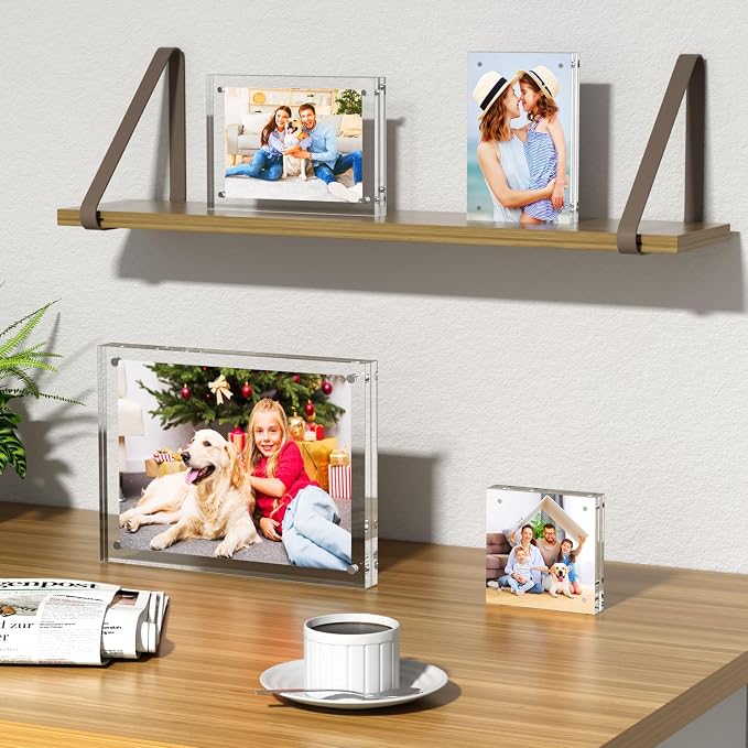 AITEE 4x4 Acrylic Picture Frames 3 Pack, Clear Picture Frames，20% Thicker | Freestanding Double Sided Magnetic Acrylic Lucite Frameless Transparent Square Frame Block Gift for Desktop Display