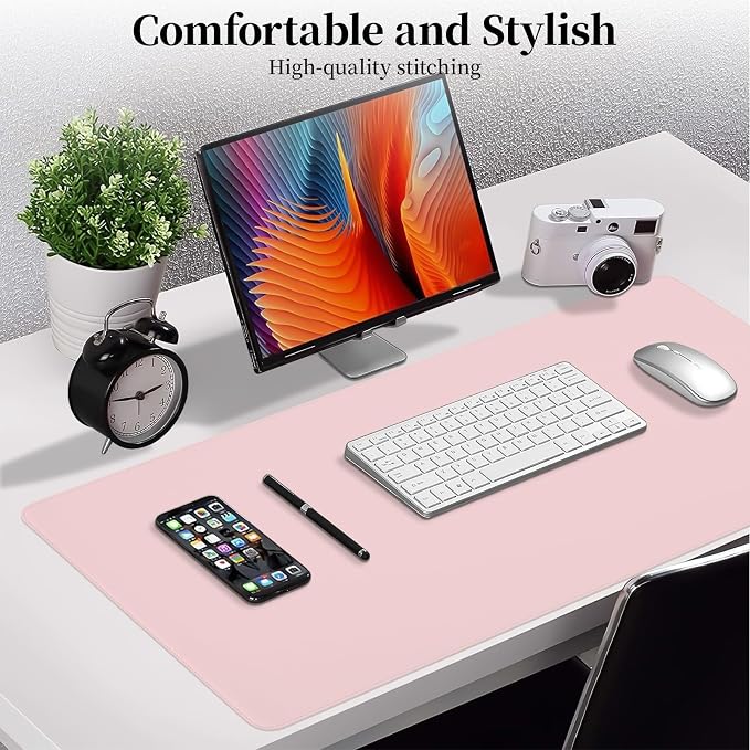 Pink Leather Desk Pad Large Mouse Pad, 35.4"x17" | Waterproof Desk Mat for Keyboard and Mouse, Non-Slip Computer Desk Protector, Smooth Mouse Control for Home Office