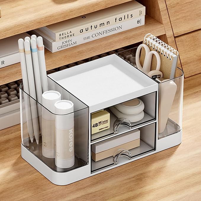 Desk Organizer with Pen Holder and 2 Drawers, Office Organizer, Desktop Organizer for Desk, Office, School, Home (White)