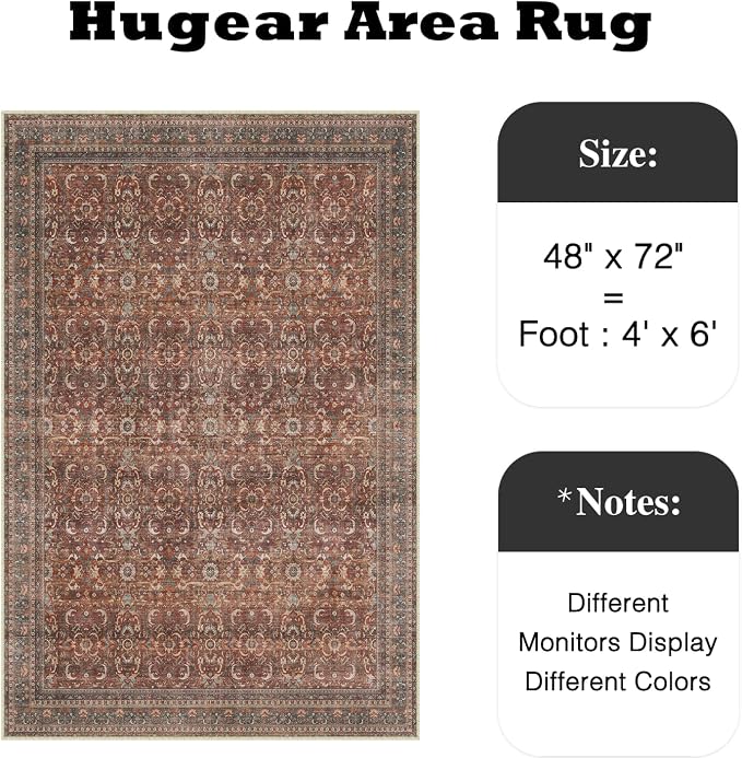 HUGEAR 4x6 Entryway Area Rug Vintage Brick Red Small Rug Machine Washable Door Mat Retro Floral Low Pile Carpet Vacuumable Distressed Throw Rugs Entrance Kitchen Bedroom Non Slip Lightweight