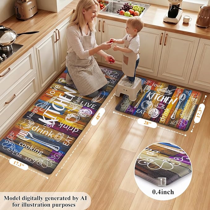 HEBE Anti Fatigue Kitchen Rugs Set of 2, Non Slip Cushioned Kitchen Mats for Floor, Waterproof Farmhouse Comfort Standing Desk Mat for Kitchen Sink,Office,Laundry