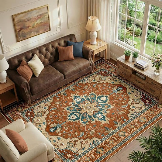 RELEANY Area Rugs 6'x9' Washable Non-Slip, Floral Vintage Distress Medallion Carpet for Living Room Bedroom Dining Room, Red Orange Blue Brown