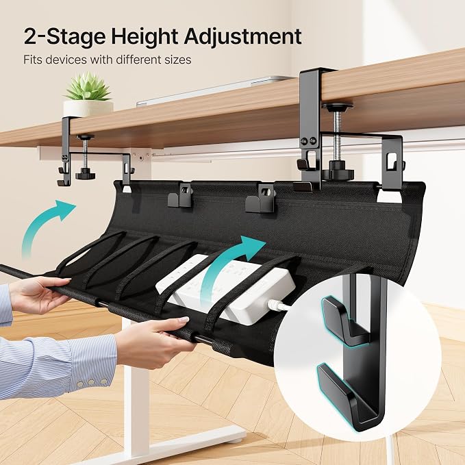 No Drill Under Desk Cable Management Tray, 31.5" Fabric Organizer | Clamp/Screw Premium Mount Cord Holder, for Power Strips, Adapters, with 2 Hooks & 1 Tie Roll for Home Office Gaming, Black