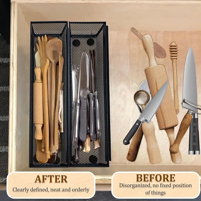 4PCS Drawer Organizer for Kitchen,Utensil Mesh Drawer Organizer with Interlocking Arm for Cosmetic,Flatware,Pen (12 * 3 * 2 Inches,Black)