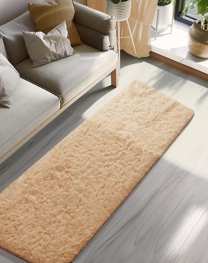 Ophanie 2x8 Runner Rug for Hallway,Upgrade Non-Slip Fluffy Soft Bedside Rugs,Bedroom Living Room Beige Shaggy Carpet for Kids Girls Boys Dorm Nursery Home Decor Aesthetic with Over 99 pcs Pile fibers
