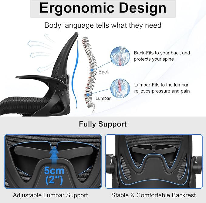 Primy Drafting Chair Tall Office Chair with Flip-up Armrests Executive Ergonomic Computer Standing Desk Chair with Lumbar Support and Adjustable Footrest Ring (Black)