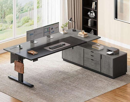 SEDETA Executive L Shaped Electric Standing Desk, 71" Height Adjustable Executive Desk with 3 Drawers and Cabinet, Sit Stand Up Home Office Desk with Power Outlets & Side Hook (Grey)