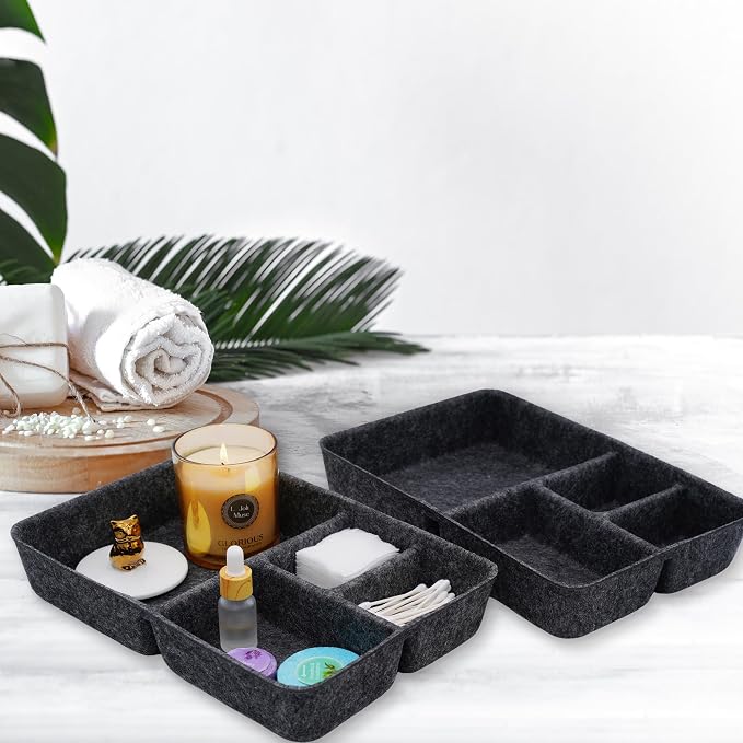 2pc Felt Tray Charcoal Drawer Organizer bin 4 Compartments divider