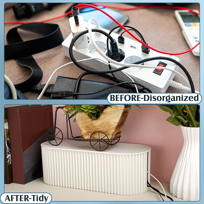 2 Pcs Cable Management Box, Fits Most Power Sockets, 11.8x5.1x4.3 in | Hides Cords & Power Sockets, Bamboo Lid, Beige & Black Options, Includes 48 Accessories, Home Office Desk or Floor Use