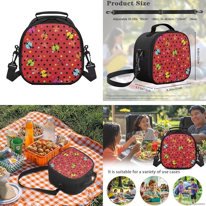 WELLFLYHOM 4 PCS Colorful Polka Dot Ladybug Backpack for Girls Ages 8-12 | 4-Piece Primary School Set With Lunch Box, Pencil Case and Water Bottle Sleeve for Young Girls, Kids Back to School Supplies