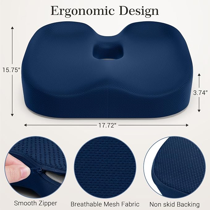 Donut Pillow Seat Cushion for Hemorrhoids & Tailbone Pressure Relief - Memory Foam Office Chair Cushion for Sciatica, Coccyx & Back Pain, Non-Slip Butt Cushions for Long Sitting (Blue)