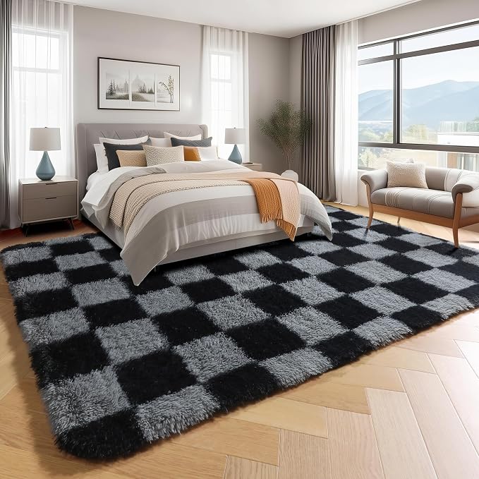 KICMOR Rugs for Living Room 5x7 Black and Grey, Soft Fluffy Checkered Shag Area Rug Furry Shaggy Floor Carpets for Bedroom, Indoor Fuzzy Plush Rug for Teen Kids Boys Girls Room Nursery Home Decor