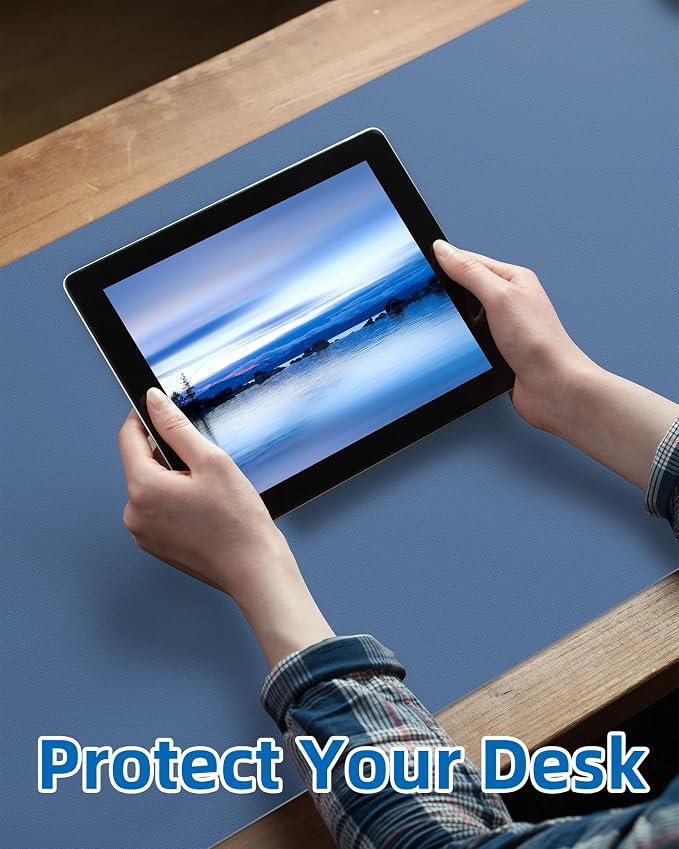 Leather Desk Pad Blotter,Mouse Pad,Office Desk Mat, Non-Slip PU Leather Desk mat,Large Desk mat,Waterproof Keyboard mat for Office/Home/Decor (Grey Blue,23.6" x 13")