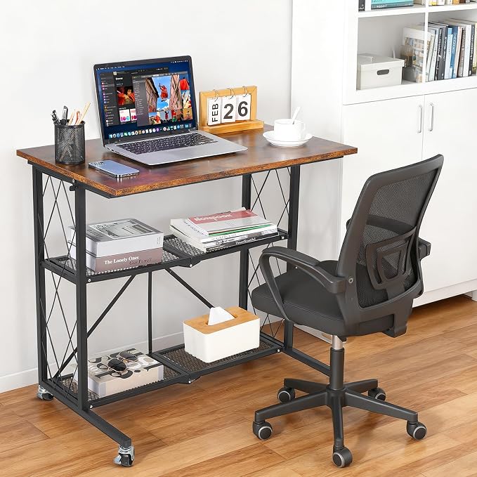 GarveeLife 31.5 inch 3Tier Foldable Desk with Wheels, Large Capacity Shelving Unit, Freestanding Metal Wire Shelf Rack, No Assembly Organizer Rack for Study Room,Kitchen,Living Room,Balcony