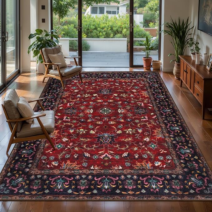 Tangsoo Red 4x6 Washable Area Rug, Vintage Indoor Rugs for Living Room, Non Slip Machine Washable Large Rugs, Soft Print Red Oriental Carpet for Bedroom Dining Room Dorm Office