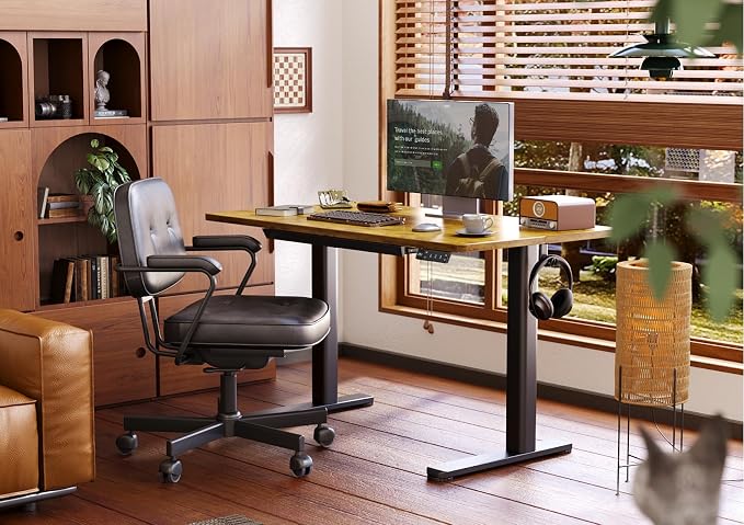 Claiks Electric Standing Desk with Drawers, 48 x 24 Inches Rustic Brown | Sturdy steel frame supports 176 Lbs, 25.6 x 11.8 Inches plastic drawer with 11 Lbs capacity