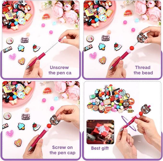 Humyoun 122 Pcs Beadable Pen Kit for DIY Pens Making Back to School Supplies with 12 Beaded Pens 110 Silicone Focal Beads, Black Ink Pen Gift for School Office Students Classroom(Bright Style)