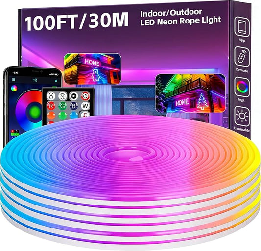 100FT RGB LED Neon Rope Lights, App & Remote Control, Flexible Waterproof IP65 Led Strip Lights, Music Sync Color Changing Multiple Modes Neon Lights for Bedroom Gaming Room Indoor & Outdoor Decor