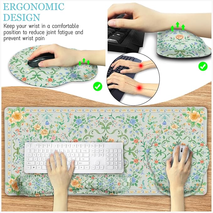 LIMKRIAN Green Floral Desk Mat Set with Bow, Large Computer Mat for Keyboard and Mouse, Ergonomic Wrist Rest Support Set, Cup Coaster, Stitched Edges, Girly Home Office Desk Accessories, Gift for Her