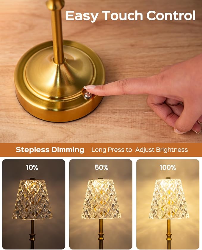 JACKYLED Cordless Lamp Rechargeable, Acrylic Crystal Lampshade, 3 Colors with Built-in Dimmer, 5000 Capactiy Power Operated Wireless Lamp for Kitchen Counter Bedroom Living Room