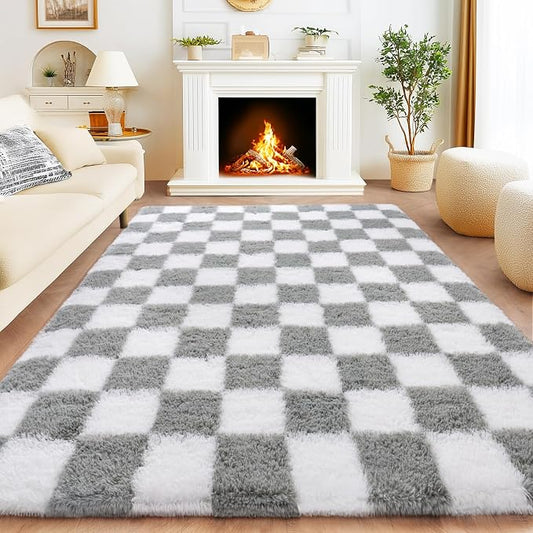 Area Rugs for Living Room 6x9, Ultra Fluffy Checkered Rug Fuzzy Shag Shaggy Carpets for Bedroom, Modern Non-Slip Indoor Soft Plush Furry Rug for Boy Girls Room Dorm Home Decor Aesthetic, White & Grey