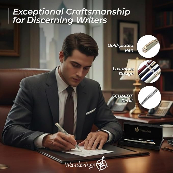WANDERINGS Premium Ballpoint Pen with German Ink – Perfectly Balanced for a Superb Writing Experience, 24K Gold Plated Green Soft Sage Green- Includes a Schmidt Refill in a Giftable Presentation Case