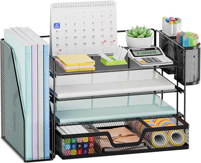 Marbrasse 4-Tier Paper Tray Organizer with Drawer and Pen Holder, Black | Metal Mesh Desk Organizer, Built-in Drawer & 2 Pen Slots, fits letters/Files, for School Home Office Supplies