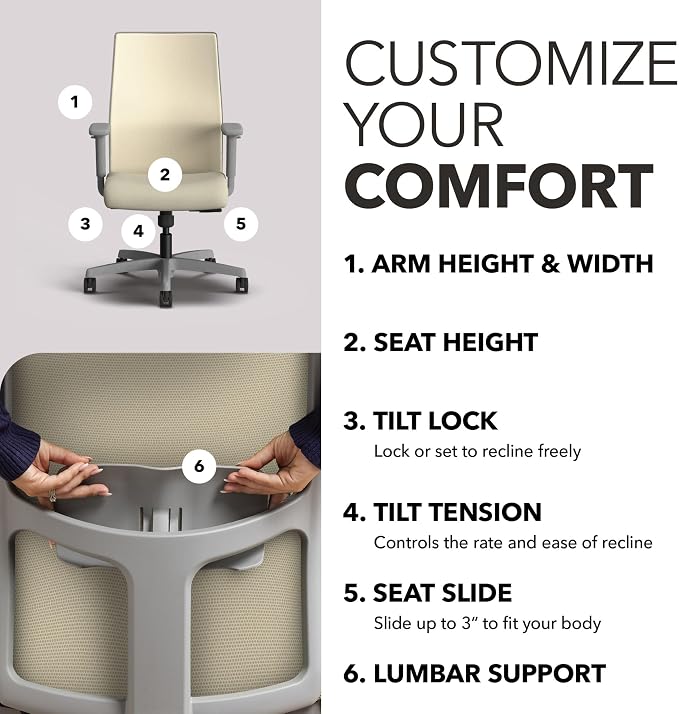 HON Ignition 2.0 Mid Back Task Chair, Spectrum Mesh, Standard Synchro-Tilt Control, Office Chair with Lumbar Support, Height and Width Adjustable Arms, Titanium Frame, Linen