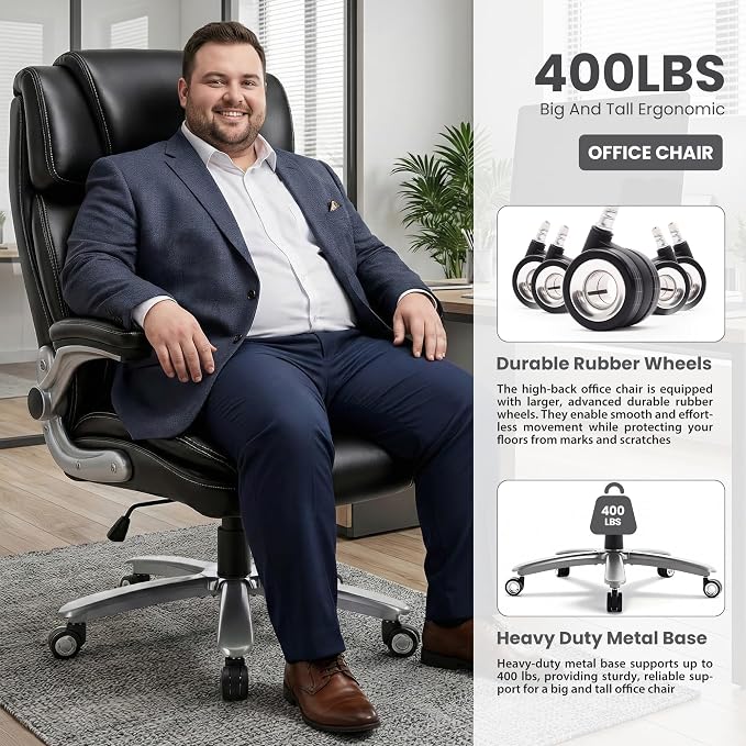 400lbs Big and Tall Executive Chair, Heavy Duty High Back Home Desk Chair | Ergonomic Office Chairs with 3D Kneading Massage, 3D Armrests, 5 Quiet Dual Rubber Wheel, Thick Pocket Spring Cushion