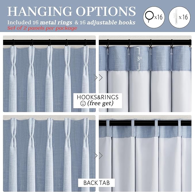 Blackout 108 Inch High Ceiling Curtains 2 Panels Set for Living Room, Memory Shape Pinch Pleat Two Layer Linen Noise Cancelling Privacy Extra Long Light Blue Elegant Dining Room Windows Drapes 9 FT