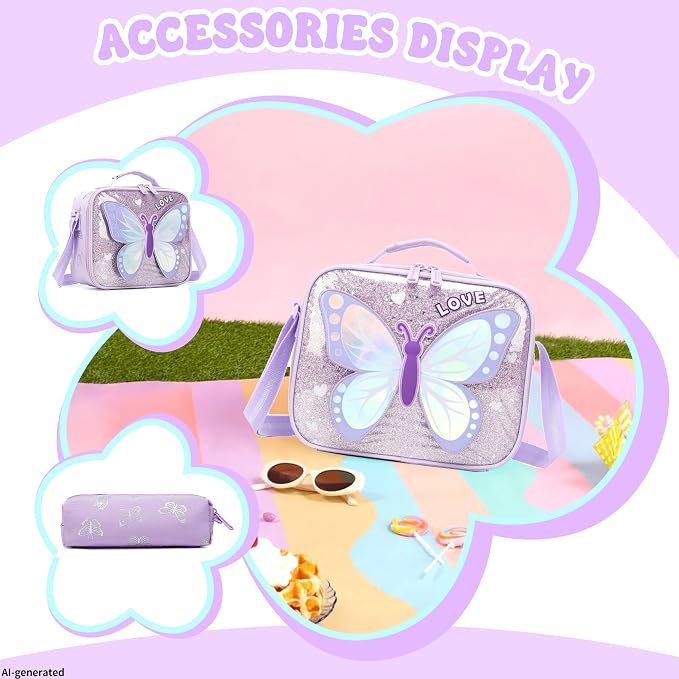 School Backpack for Girls,Kids Backpack with Lunch Box Set Cute Butterfly Kids Bookbag,Elementary Backpack for Girls,Lightweight Travel Daypack