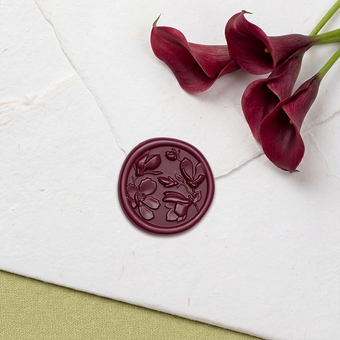 UNIQOOO Wax Seal Stickers - 3D Magnolia Wedding Invitation Envelope Botanical Seal Stickers, 50 Pcs Self- Adhesive Deep Burgendy Red Stickers, Perfect for Invitation, Christmas, Gift Wrapping, Party