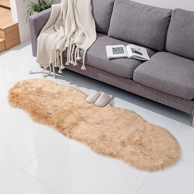linmopm Faux Fur Sheepskin Rug, Beige, 2x6 ft Runner | Shag Fluffy Fuzzy, High-Density Cushion, For Bedroom Bedside Living Room, Plush Carpet