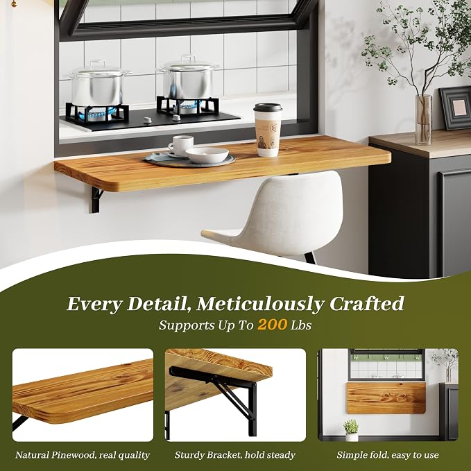 Dogsky Floating Wall Desk, 36" x 14" Wall Mounted Folding Table, Pine Wood Fold Down Wall Table, 200 lb Capacity Wall Mount Desk for Small Apartment,Laundry Room,Kitchen,Bar & Computer, Burning Yellow