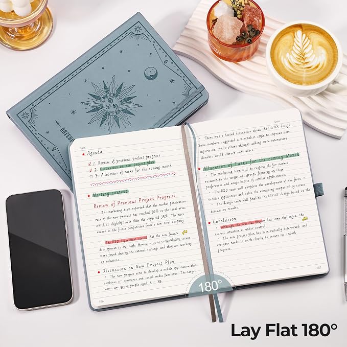 EMSHOI A5 College Ruled Notebook, 320 Numbered Pages 100GSM Ink-Proof Faux Leather Hardcover Lay-Flat Lined Journal for Work Office School Writing, SUN Design, Small 5.75" x 8.38", GrayBlue