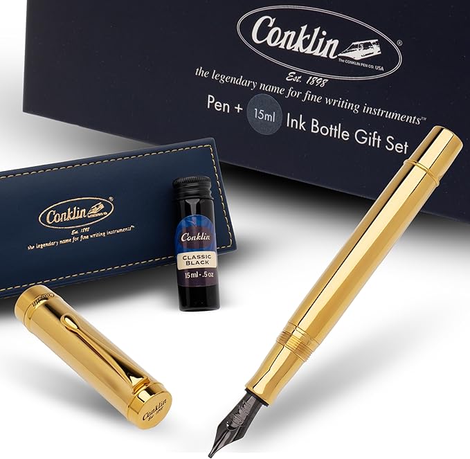 Conklin Duragraph Metal Gold Fountain Pen Medium Nib + Free 15ml Ink Bottle – Elegant Executive Gift for Writers, Professionals, Pen Collectors