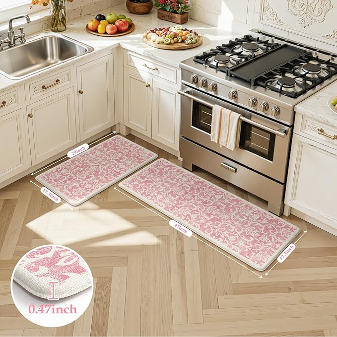 LEEVAN Pink Kitchen Mat Sets of 2, Vintage Distressed Anti Fatigue Memory Foam Kitchen Floor Mat for Laundry,Non Slip Cushioned Standing Mat for Home, Office, Desk,Sink(17''x29''+17''x47'')