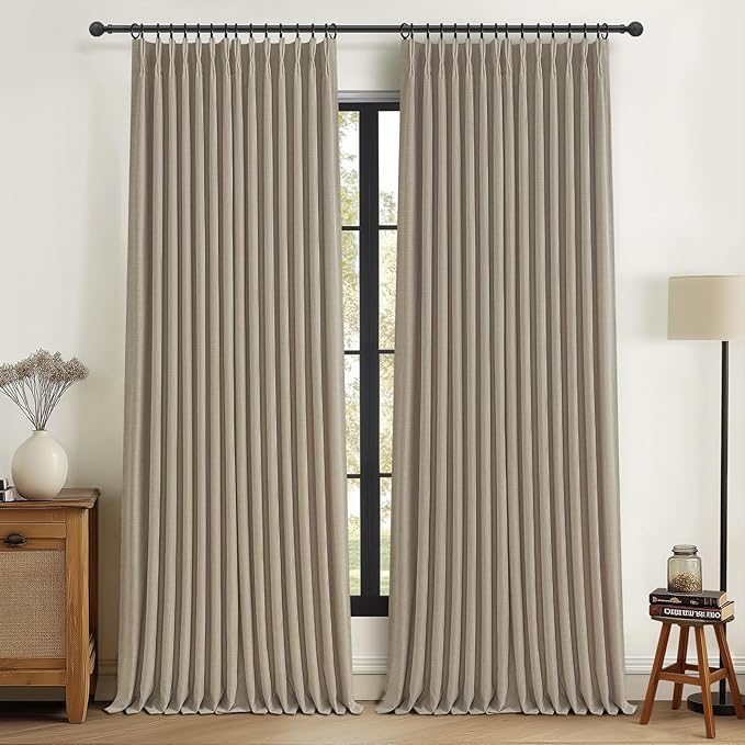 Extra Long Taupe Linen Blackout Dining Room Window Curtains 112 Inches Long 2 Panels Set, Memory Trained Pinch Pleated Farmhouse Drapes Thermal Sound Dampening Double Layer Large Curtain with Back Tab