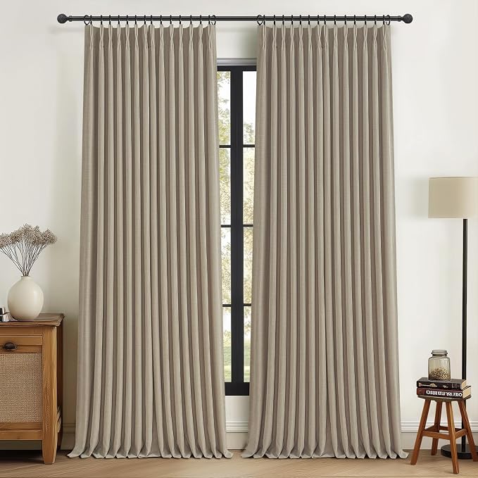 Burlywood Birch Pinch Pleated Blackout Linen Two Layer Bedroom Window Curtains 95 Inches Long 2 Panels Set, Memory Trained Country 94-96 Inch Insulated Noise Reducing Black Out Curtain 40W x 95L