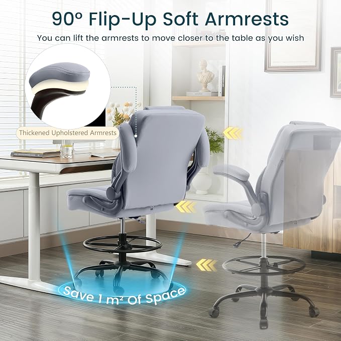 Drafting Chair 500Lbs, Tall Office Chair for Standing Desk, High PU Leather Executive Office Chair with Flip-up Armrests, Ergonomic High Chair with Adjustable Foot Ring, Comfy Stool Chairs, Grey