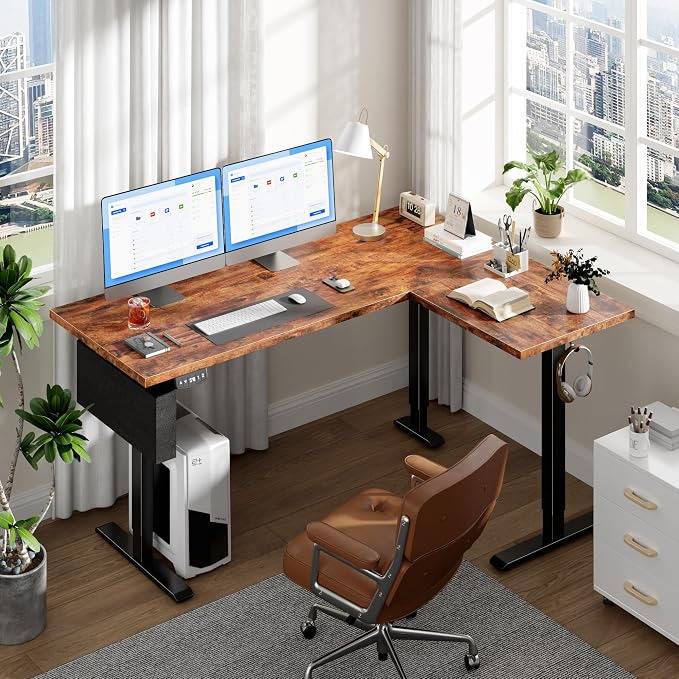 Korfile 63" L Shaped Standing Desk, Height Adjustable, LED, Memory Presets | Reversible, Ergonomic Sit to Stand Computer Desk with Headphone Hook for Home, Office and Workstation, Brown