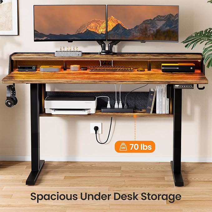 ErGear Electric Standing Desk, 55x28 Inch Adjustable Sit Stand Desk with Bookshelf & Monitor Stand, Standing Gaming Desk with LED Light Strip, Stand Up Desk for Home Office, Vintage Brown | Raised Monitor Stand, 27.9–46.9 Inch Height Range, 4 Memory Pr...