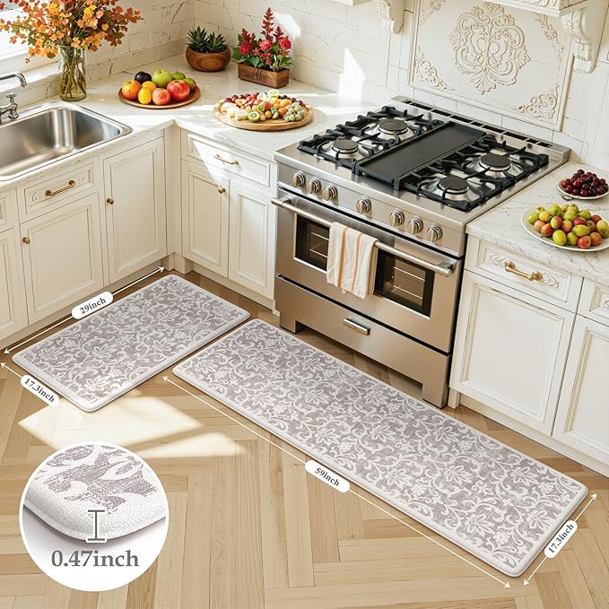 LEEVAN Cushioned Kitchen Mats for Floor Sets of 2, Vintage Distressed Grey Anti-Fatigue Kitchen Mat for Laundry,Non Slip Waterproof Standing Mat for Home,Office, Desk,Sink(17.3"x29"+17.3"x59")