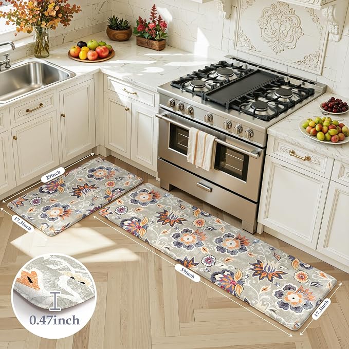 LEEVAN Anti Fatigue Kitchen Mats for Floor, Cushioned Kitchen Mat Set 2PCS | 17.3"x29"+17.3"x59", Boho Floral Blue Gray Kitchen Rugs Non-Slip, Waterproof Ergonomic Standing Mat for Laundry, Office, Sink