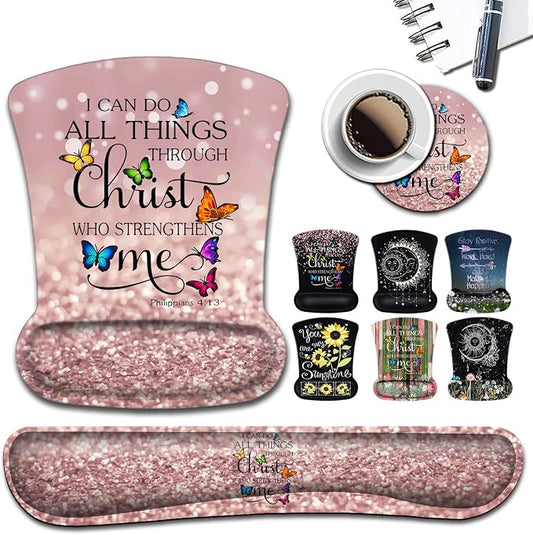 Mouse Pad Wrist Rest Gel Support, Ergonomic Mousepad and Memory Foam Keyboard Wrist Rest Nonslip Base for, Computer, Gaming, Office Comfortable for Typing & Pain Relief Philippians 4-13 Pink Glitter