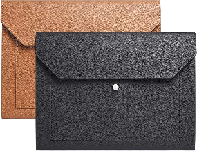 PU Leather A4 File Folder Document Holder 2 Pockets Portfolio Envelope Folder Case with Elastic String 3/4 Inch Expansion (Black&Brown)