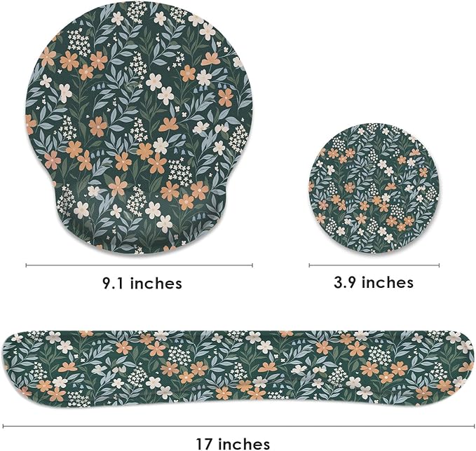 Vintage Green Floral Wildflower Ergonomic Mouse Pad Set with Wrist Rest Non-Slip Rubber Base Wrist Cushion Support and Coasters Mousepad with Wrist Support for Computer Keyboard and Desk