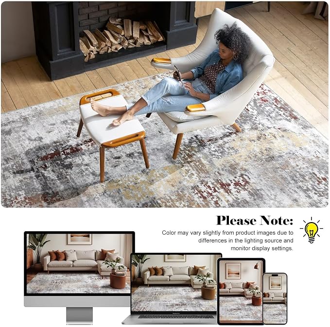 Macgace Washable Abstract Rug, 4x6 Modern Area Rugs with Non-Slip Rubber Backed for Living Room, Thin but Soft Contemporary Carpet Kitchen Bedroom Decor, Rusty Brown
