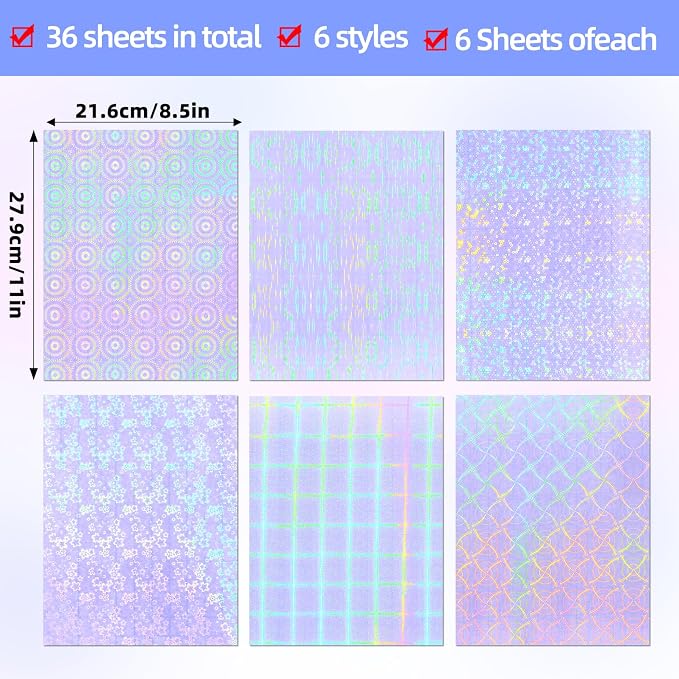 36 Sheets Holographic Laminate Sheets 8.5x11 Inch Self Adhesive 6 Patterns | Clear Waterproof Holographic Vinyl Laminate Film Overlay Lamination for Sticker Paper, Photos, Crafts, Scrapbooking