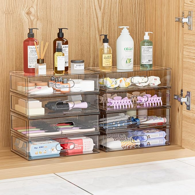 Clear Stackable Makeup Organizer with Drawer, 12''W Acrylic Storage Drawers | Cosmetic Display Case for Vanity Bathroom Countertop Drawers, Beauty Holder for Lipstick Brush Skincare Perfume